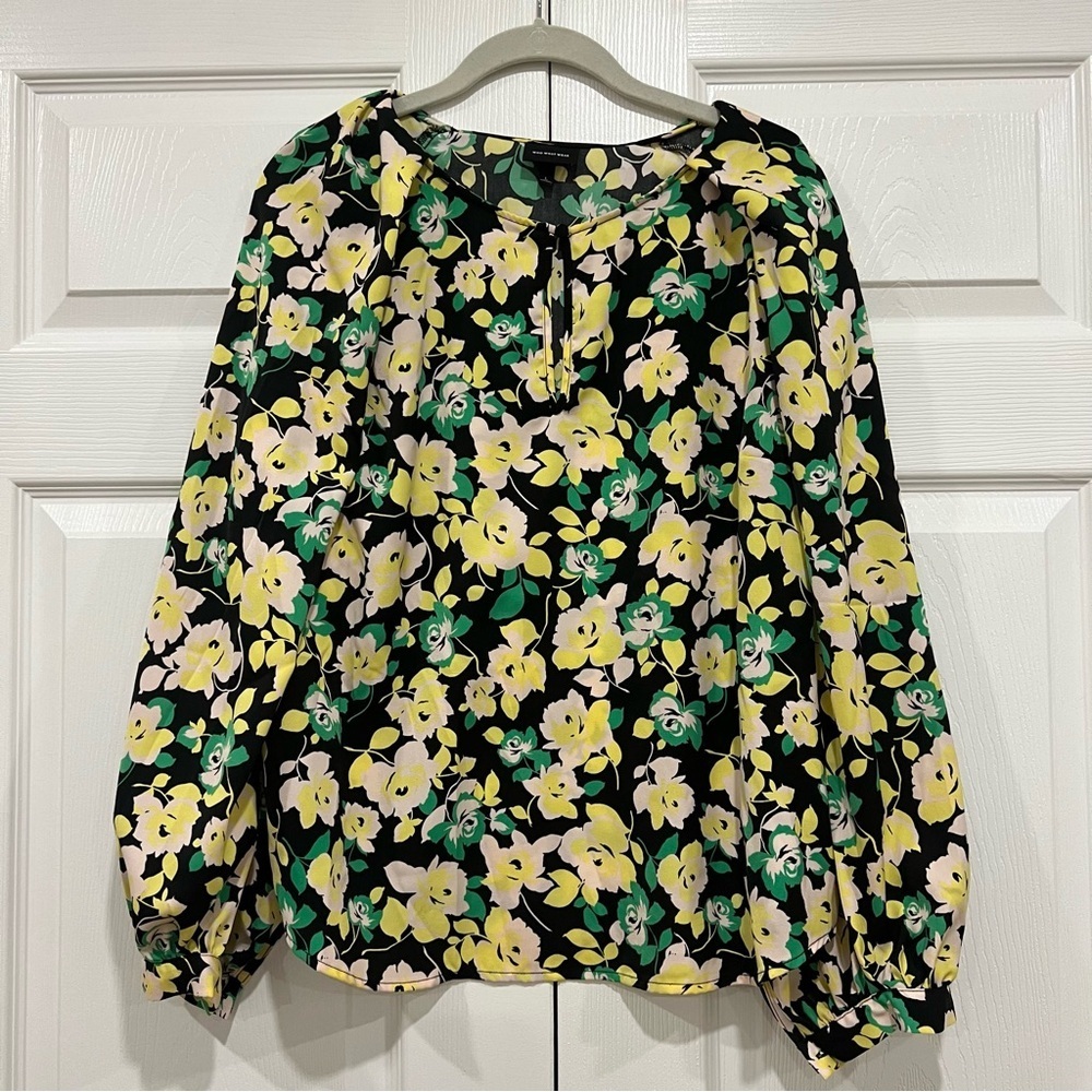 WHO WHAT WEAR Balloon Long Sleeve Keyhole Top Black Green Floral Womens Large